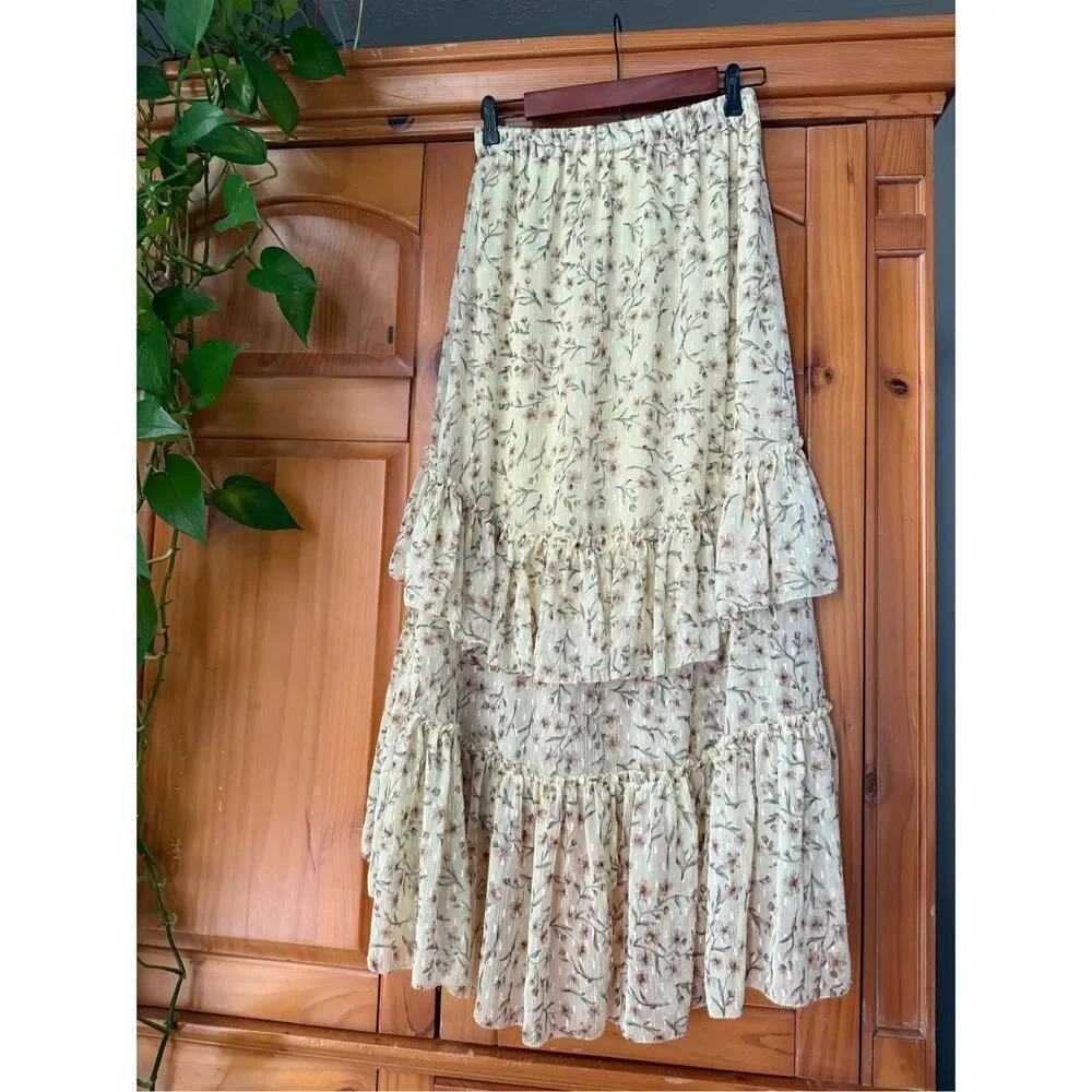 H&M Floral Tiered Midi Skirt Cream Boho Cottagecore Womens S